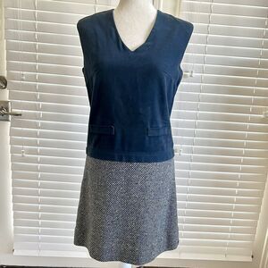 VTG 70's THERMO JAC Medium Navy Blue Velvet Drop Waist Tartan Plaid Wool Dress